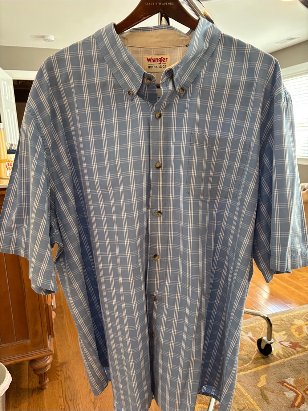 Wrangler Light Blue Plaid Button-Down Short Sleeve Shirt